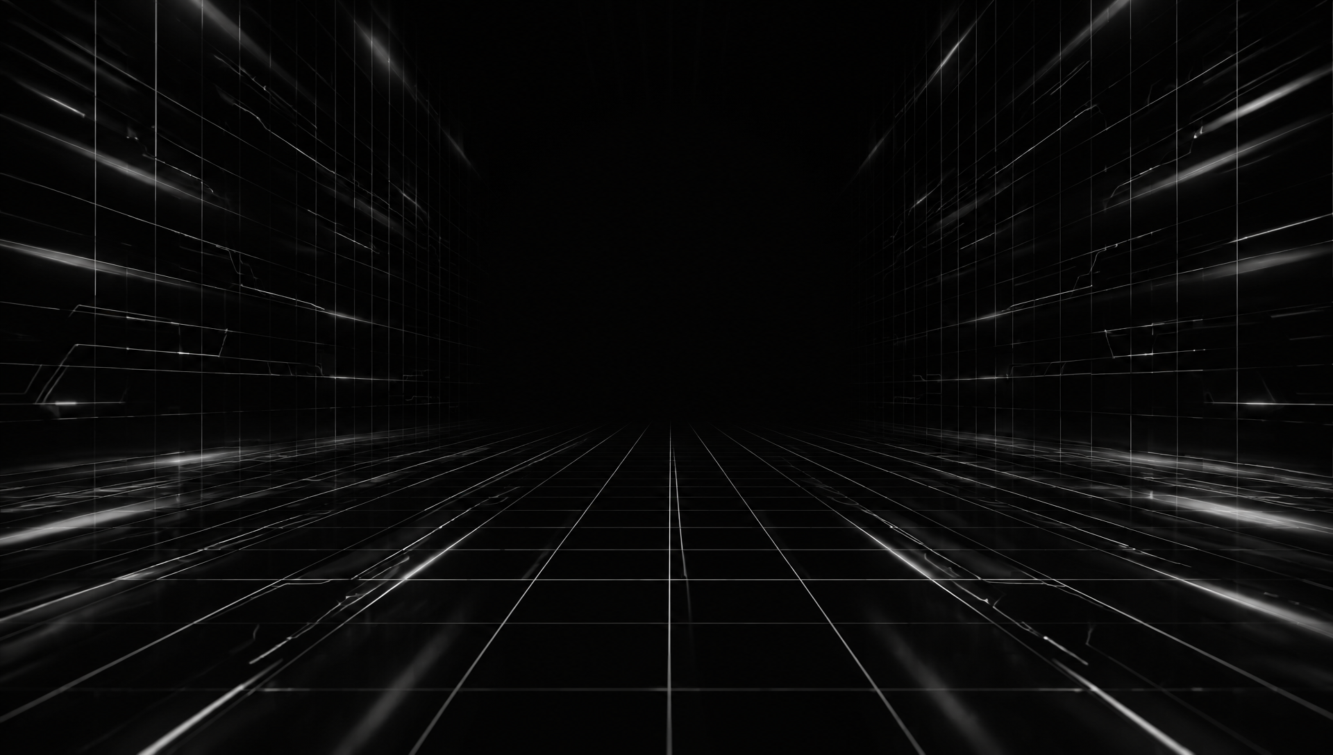 Retícula técnica en perspectiva con líneas de luz sobre fondo negro